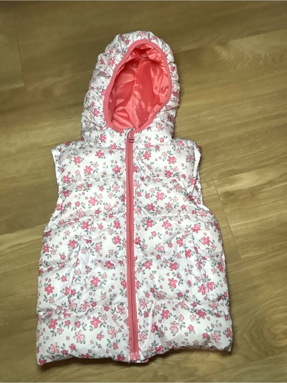 Abella Pink and White Floral Puffer Vest with Hood
